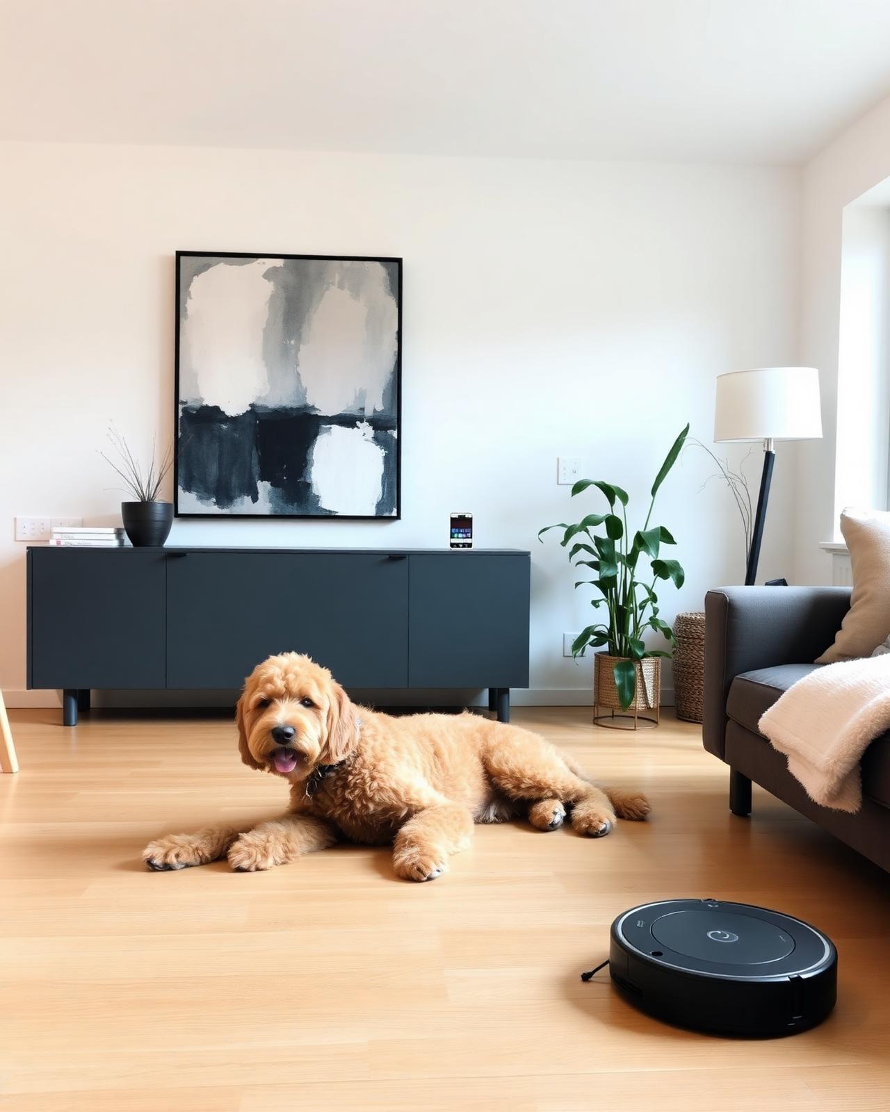 Living room with robot vacuum and dog
